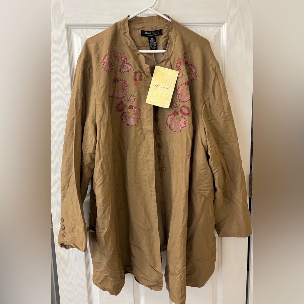 Dialogue Tan Button-Front Trench Coat with Pink Floral Embroidery